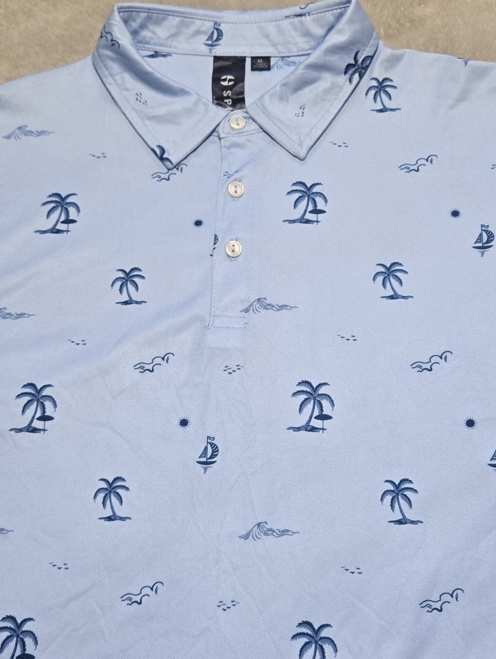 Split Light Blue Polo with Navy Palm & Sailboat All Over Print Mens Sz XL Aloha